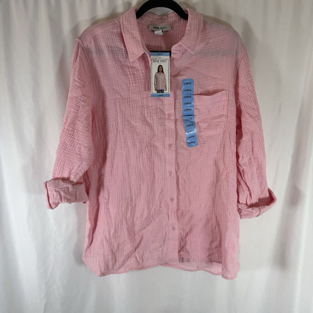 New Nine West Gauze Button Up Blouse Women's Large Pink Long Sleeve Roll Tab